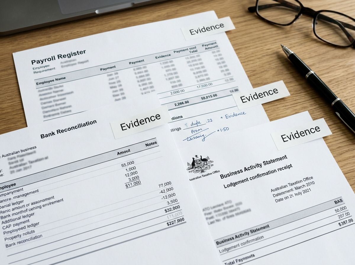 Payroll registers, bank reconciliation, and BAS documents arranged as evidence for FNS50222 RPL assessment