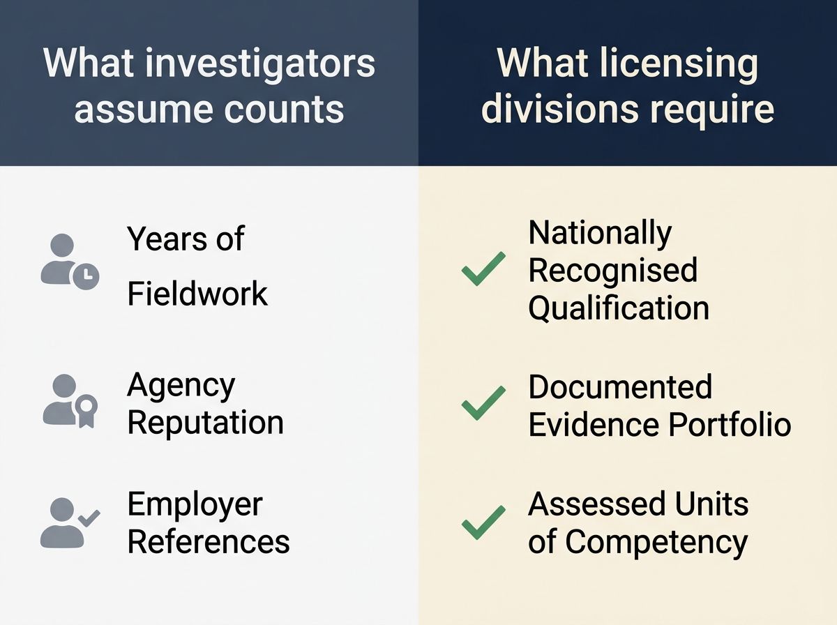 Graphic comparing what investigators assume qualifies them versus what licensing bodies require.