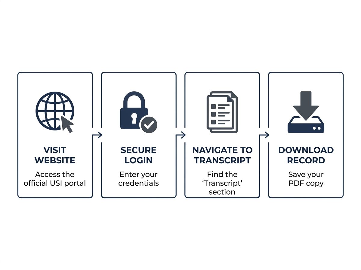 Step-by-step visual diagram explaining how to log in, locate, and download a USI transcript.
