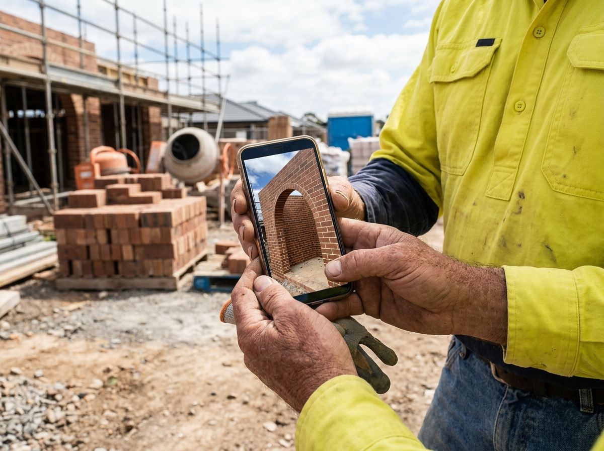 Bricklayer using a phone to review site photos of completed masonry for an RPL portfolio.