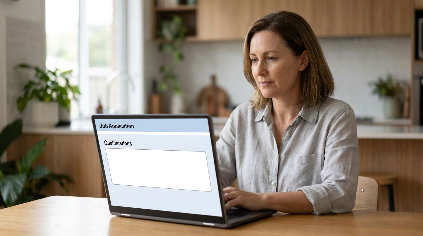 An experienced Australian worker looks at a laptop screen showing an empty qualifications field on a job application.