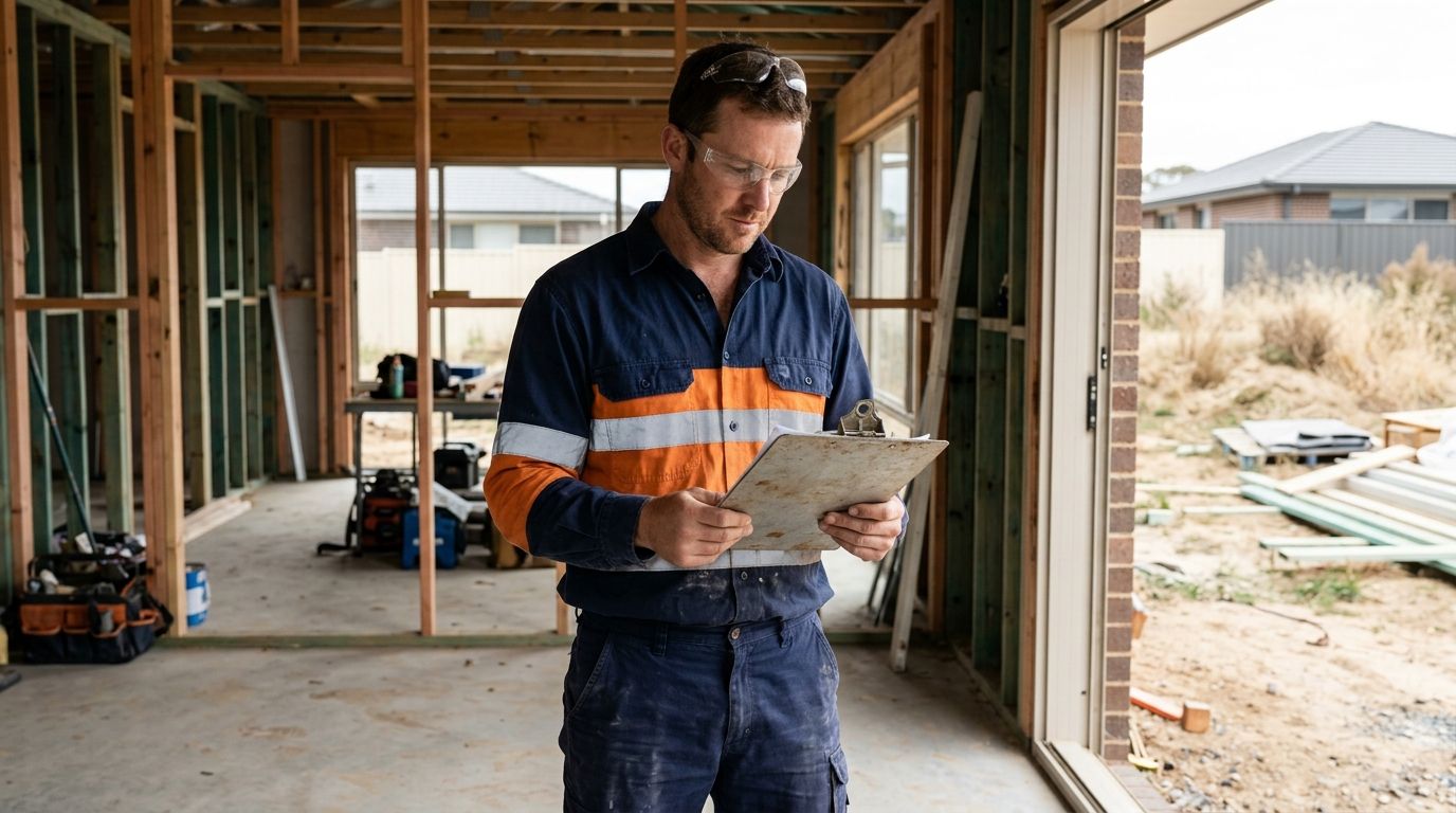 ACT plumber reviewing licensing checklist on a construction site