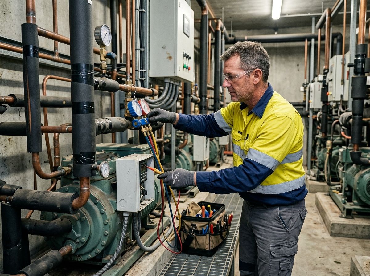 Experienced HVAC technician wearing PPE inspecting a commercial refrigeration unit on site.