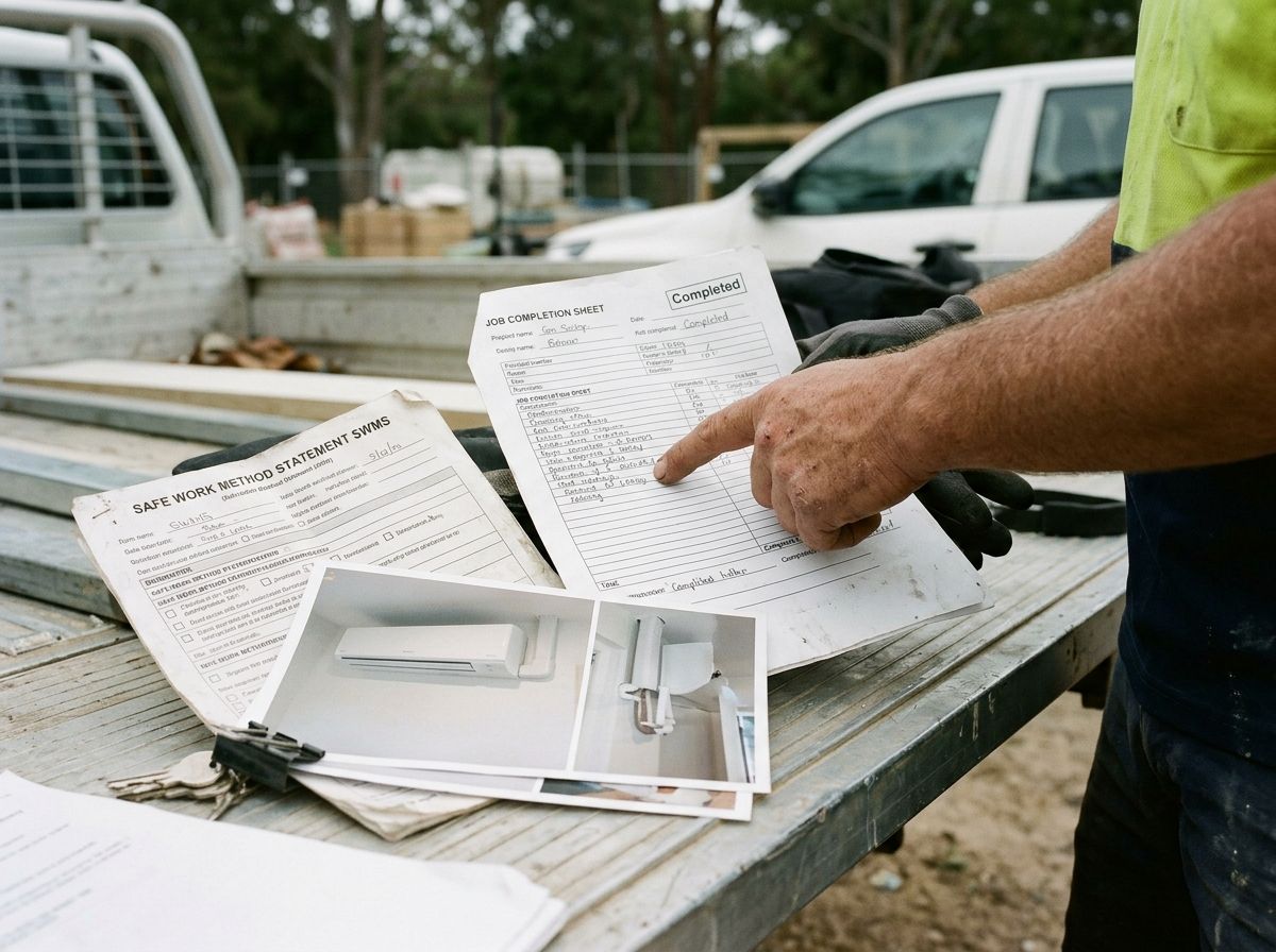 Trade documentation including job records and SWMS forms laid out on a worksite surface, representing RPL evidence for air c…