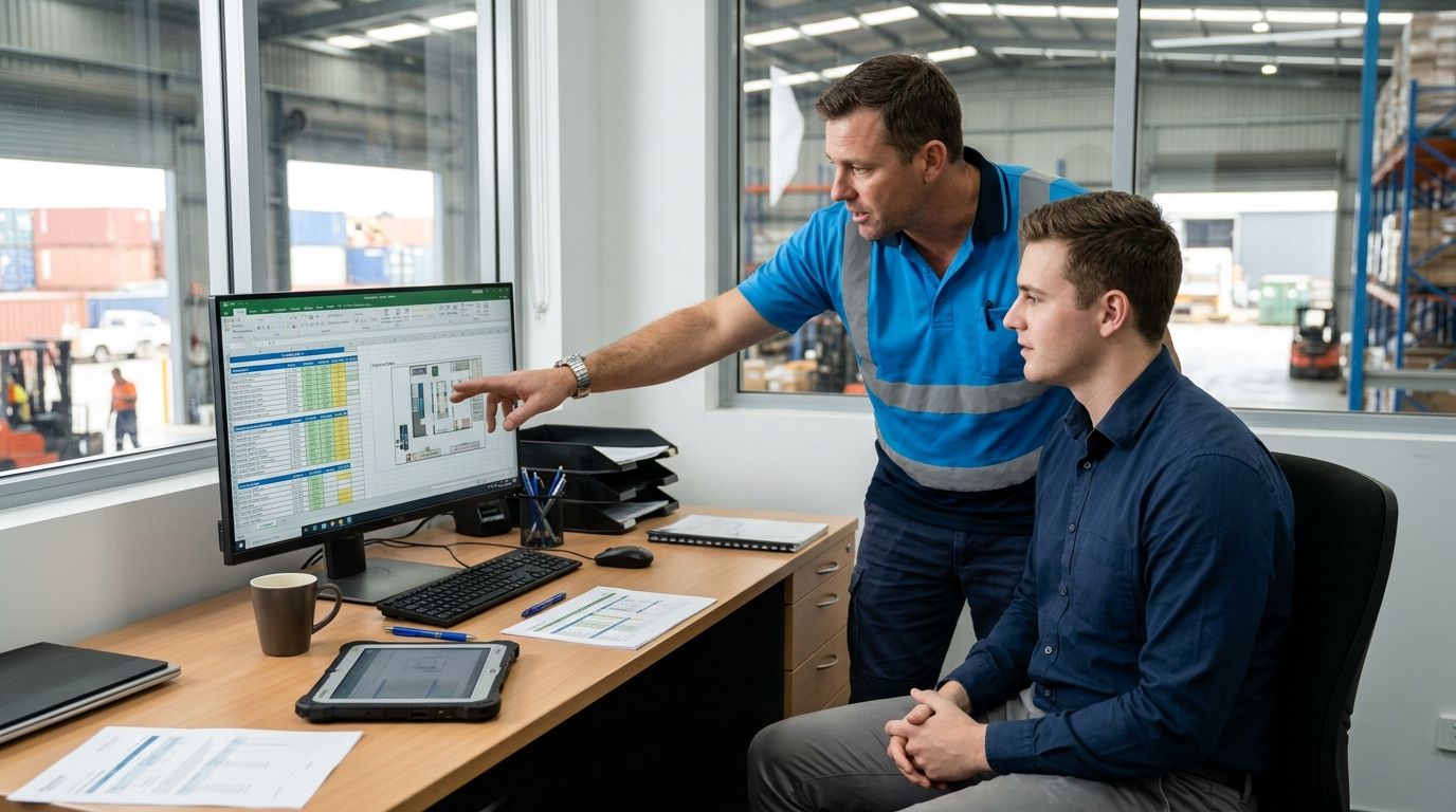 An experienced Australian worker sharing on-the-job expertise with a colleague in a site office.