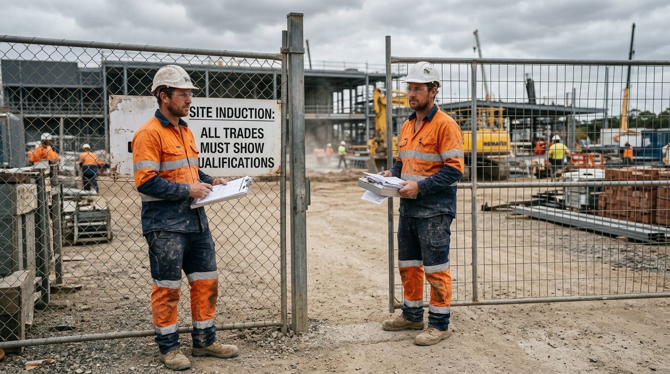 Australian bricklayer standing at a construction site entry gate with qualification requirements signage.