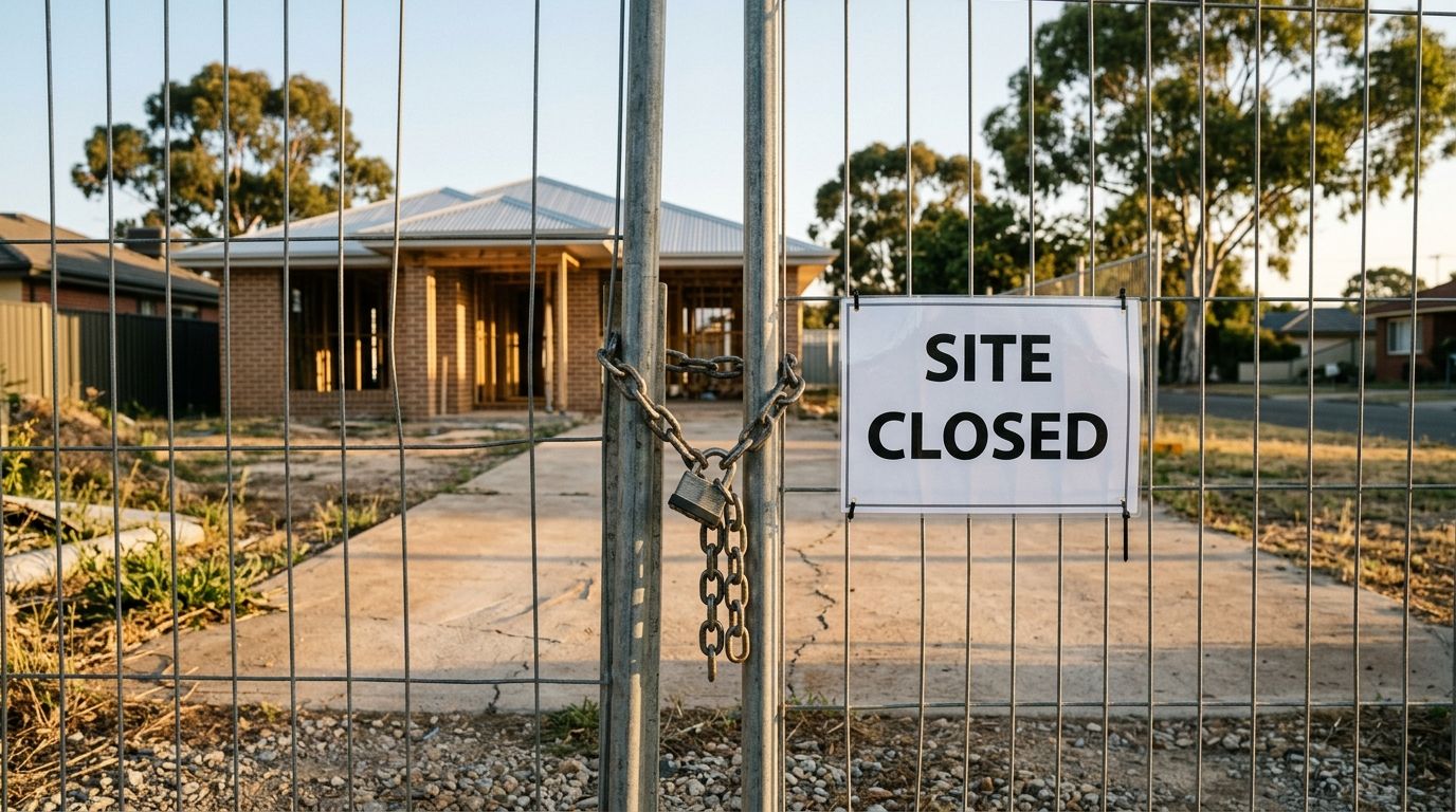 A padlocked metal gate at an Australian residential construction site in late afternoon light, symbolizing a site shutdown.