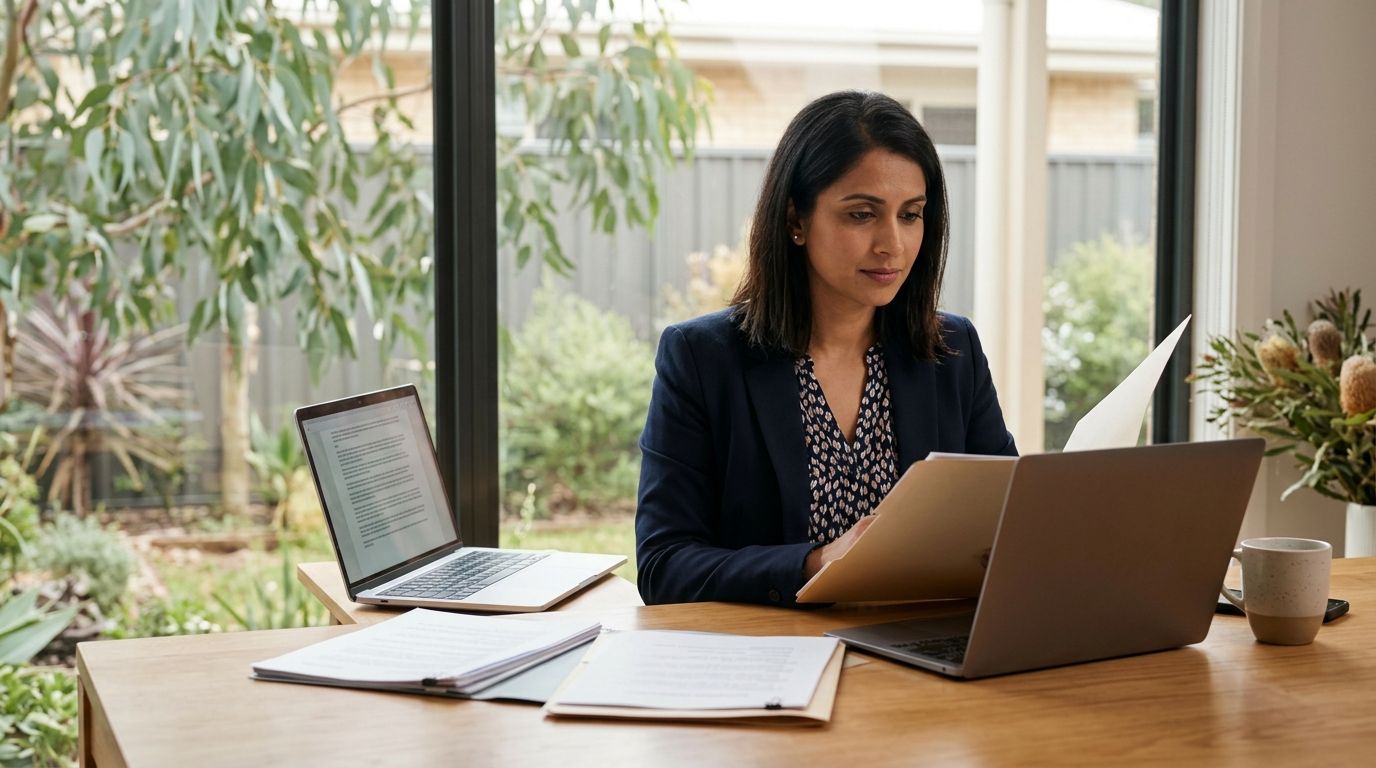 A professional reviewing qualification documents in a naturally lit Australian home office environment