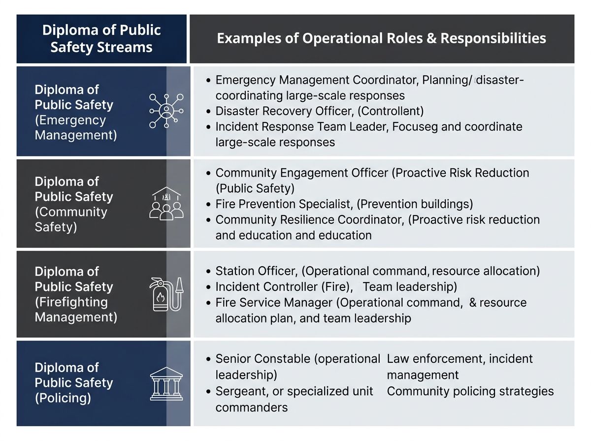 Chart showing Diploma of Public Safety streams and corresponding public safety roles in Australia