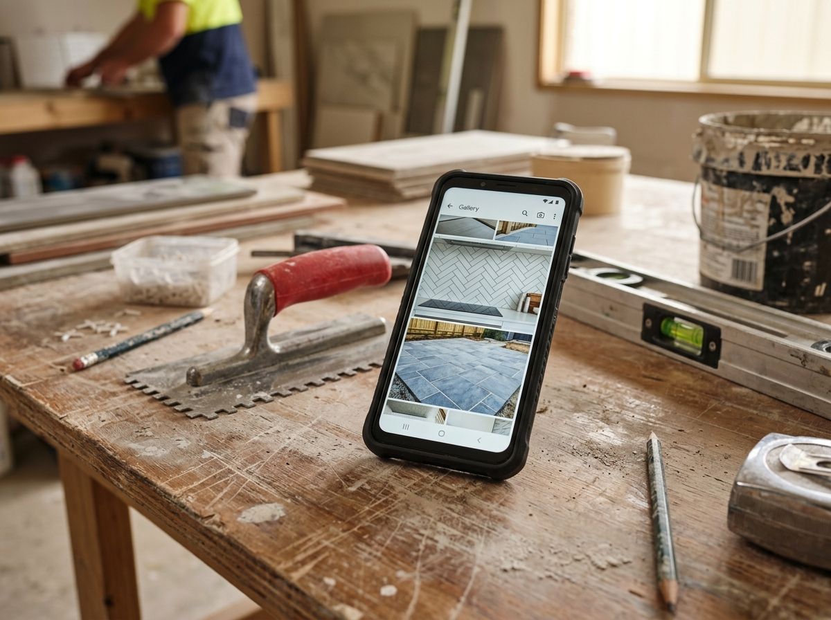 A smartphone displaying a portfolio of completed tiling work on a workbench next to trade tools.