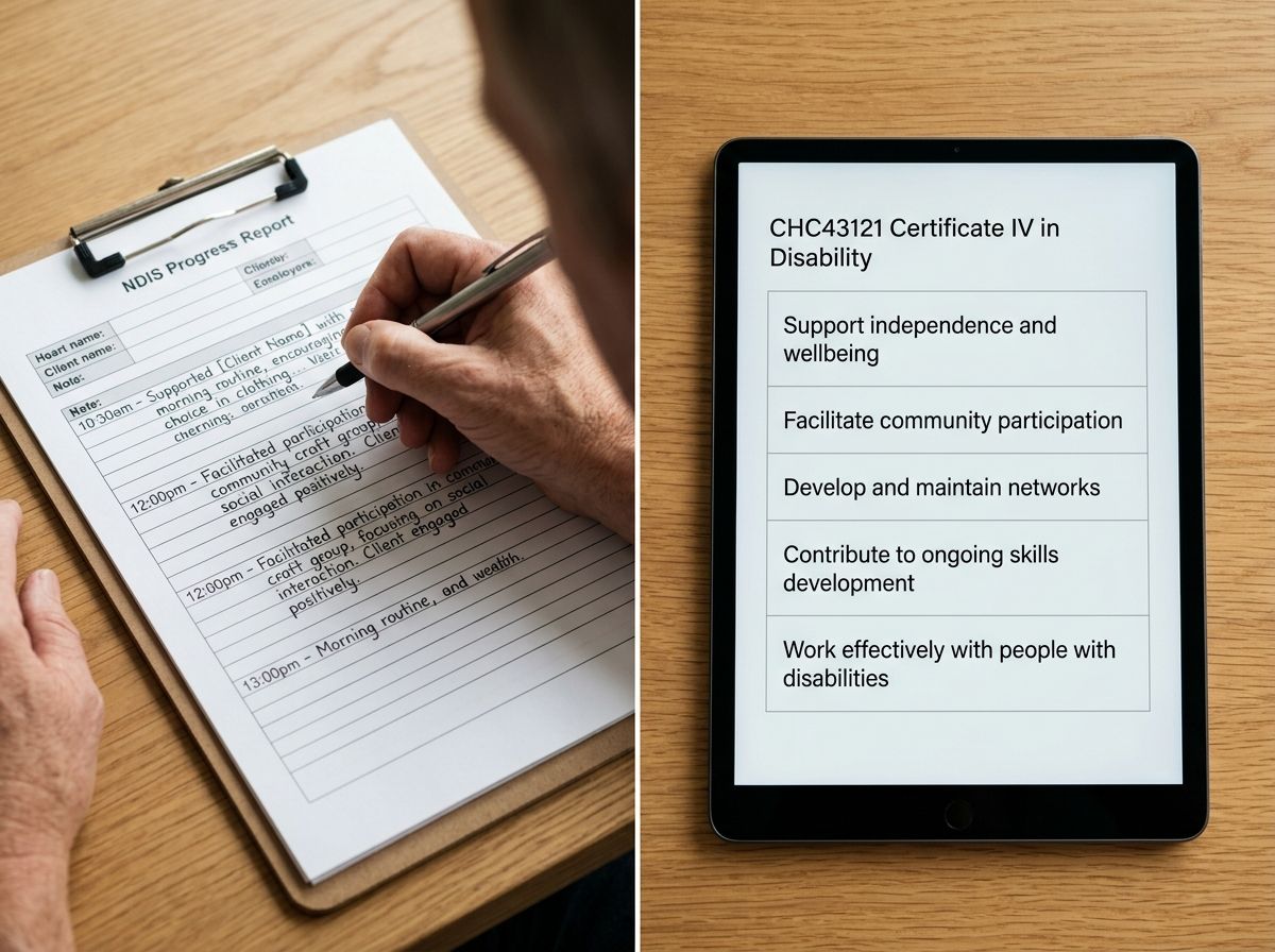 NDIS progress notes on a clipboard alongside a tablet showing CHC43121 competency units
