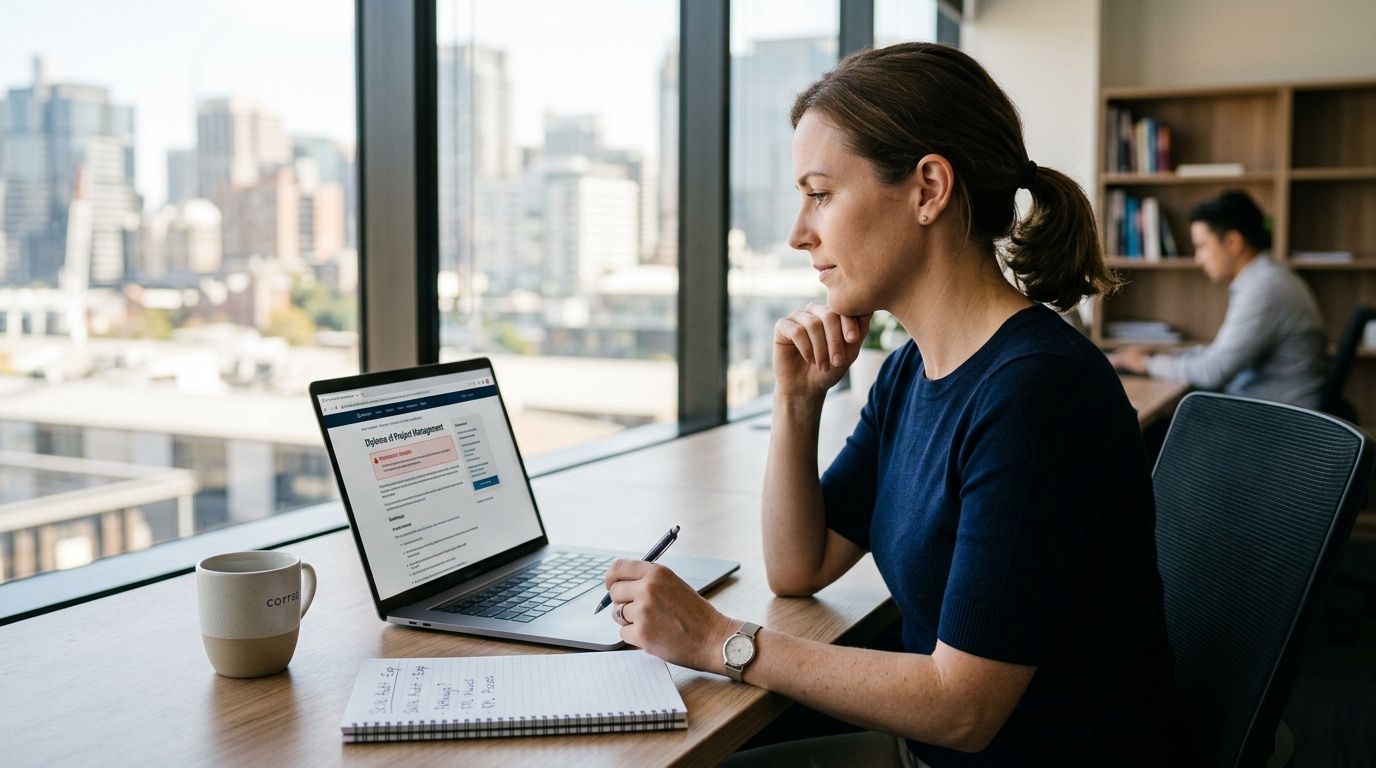 Professional reviewing course entry requirements on a laptop, considering whether their experience qualifies them for RPL