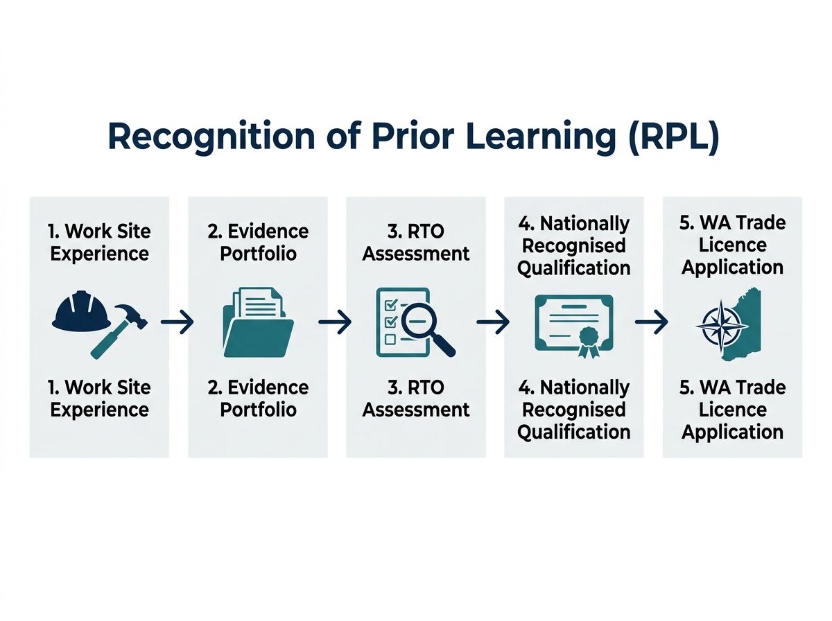The structured 5-step RPL pathway from workplace experience to WA trade licence application.