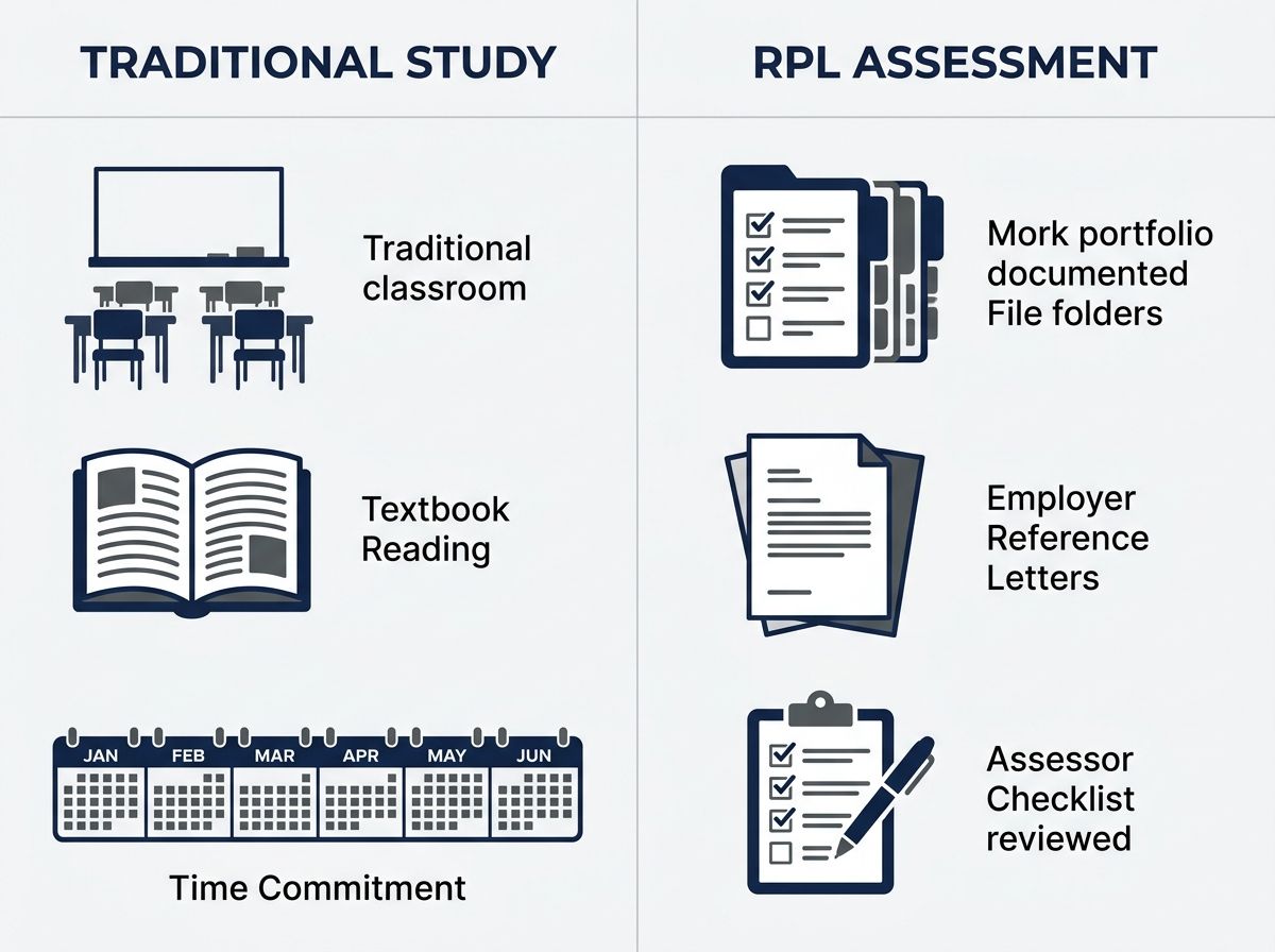 Comparison diagram of traditional trade study versus RPL certificate evidence-based assessment.