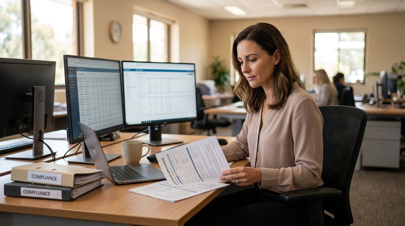 Experienced mortgage loan processor reviewing lending documentation at an office desk in Australia