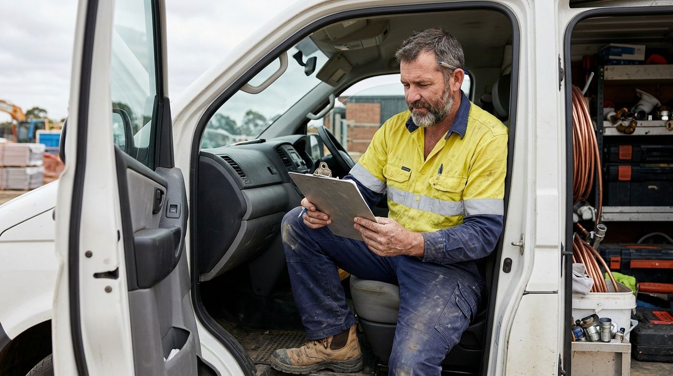 An experienced ACT plumber reviews RPL documentation inside his work van, preparing trade license evidence.