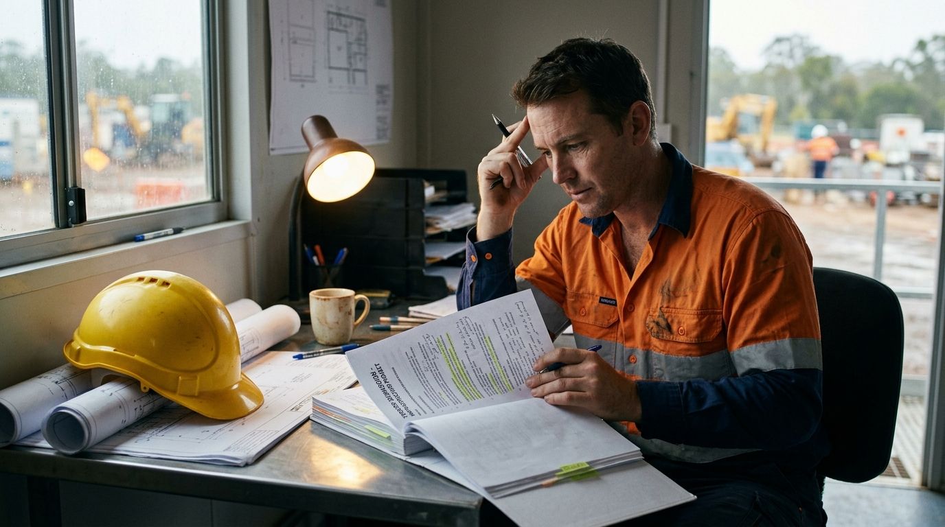 Australian engineering professional reviewing tender documents in a site office - RPL engineering qualification