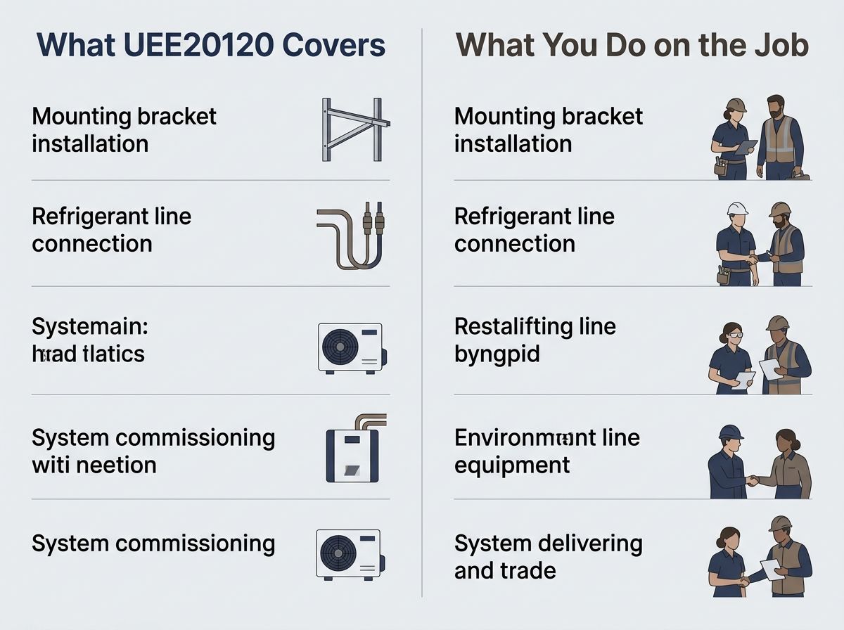Comparison chart mapping formal UEE20120 qualification requirements to everyday air conditioning installation tasks.