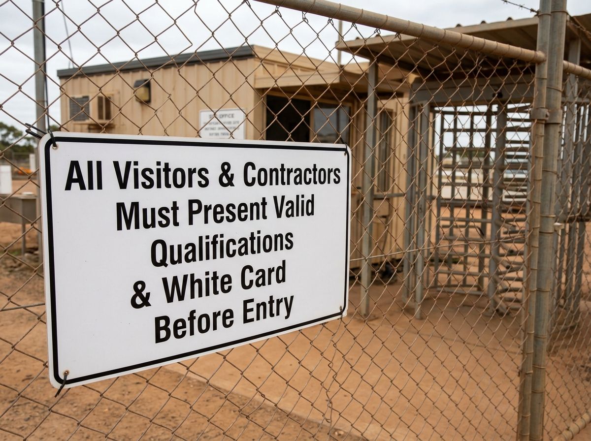 Industrial site access sign requiring formal qualifications and credentials for entry.
