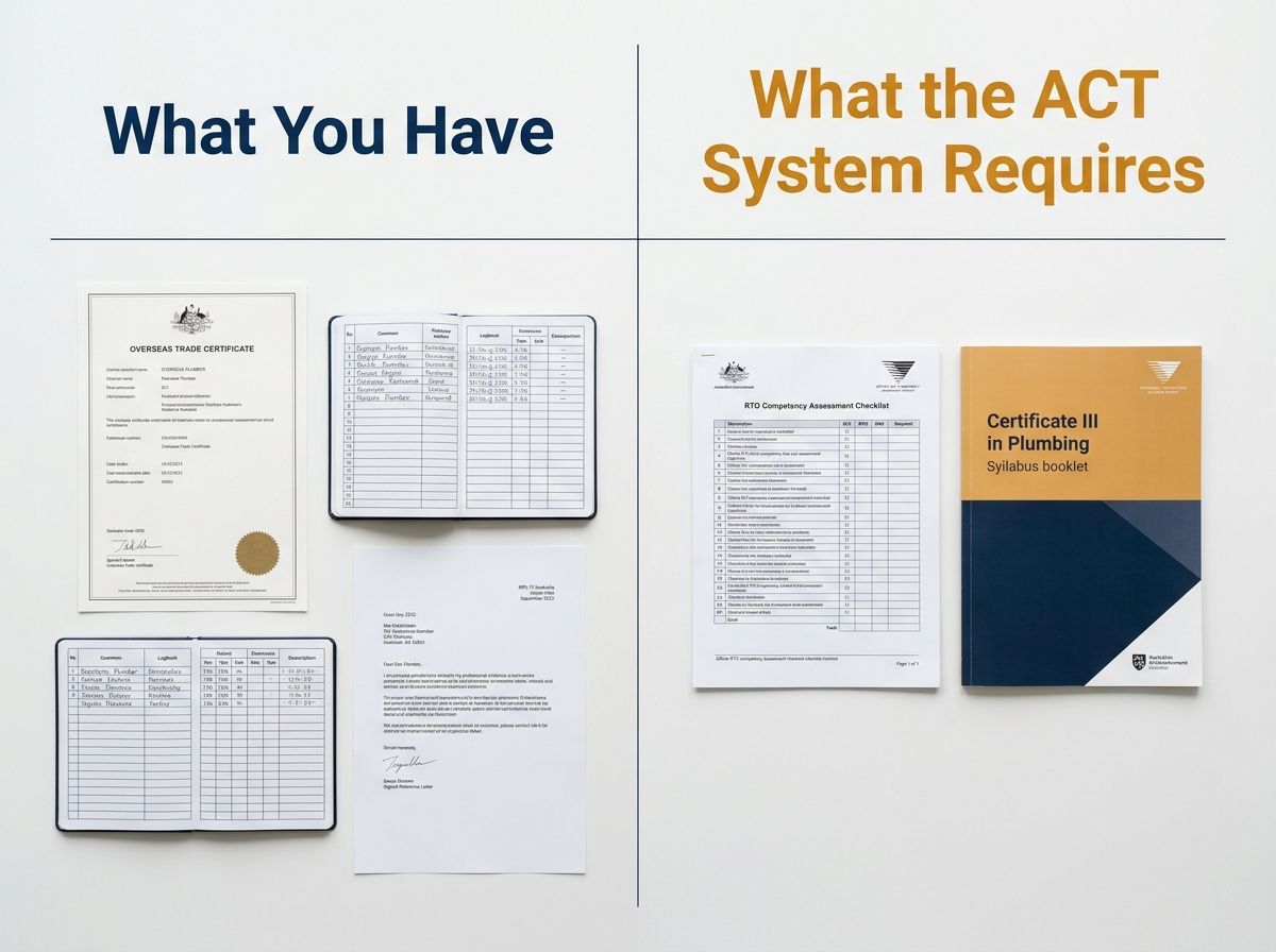 Comparison layout of an overseas plumber's existing credentials side-by-side with ACT regulatory licensing requirements