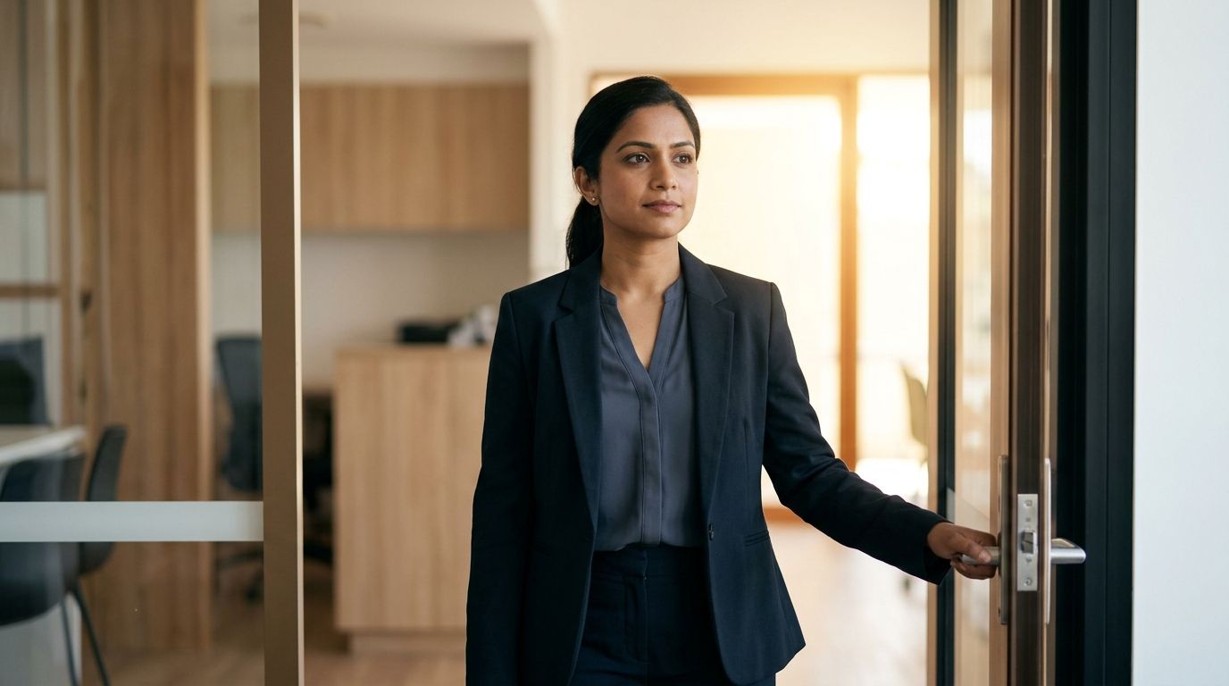 A professional woman of South Asian appearance standing at a doorway representing the pathway of RPL in Australia