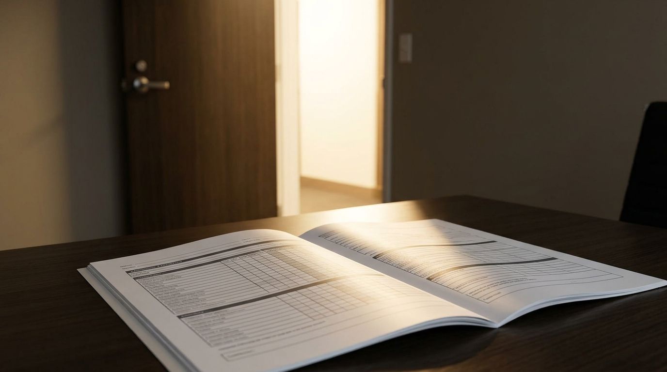 An admissions evaluation document on an office desk with an open door in the background, representing university entry