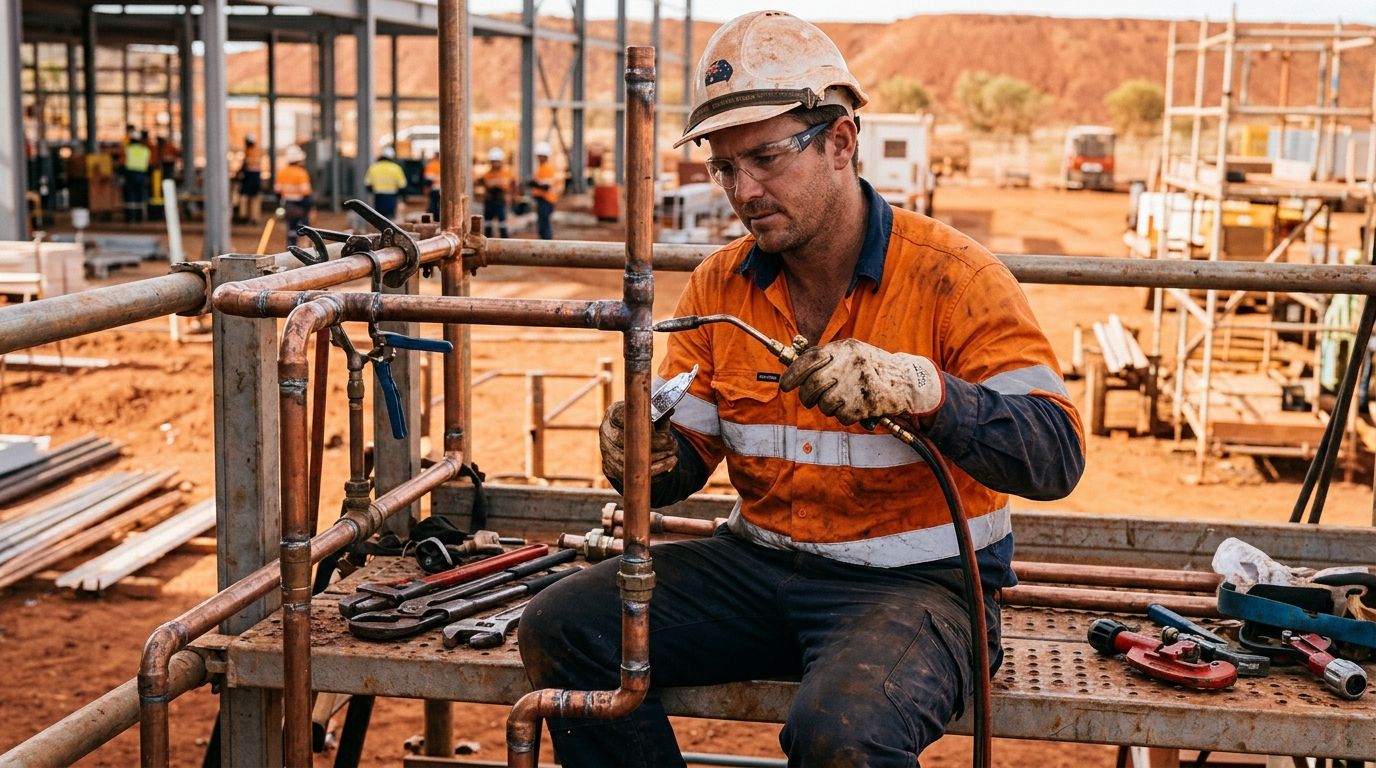 Experienced plumber working on copper pipes on a Northern Territory construction site.