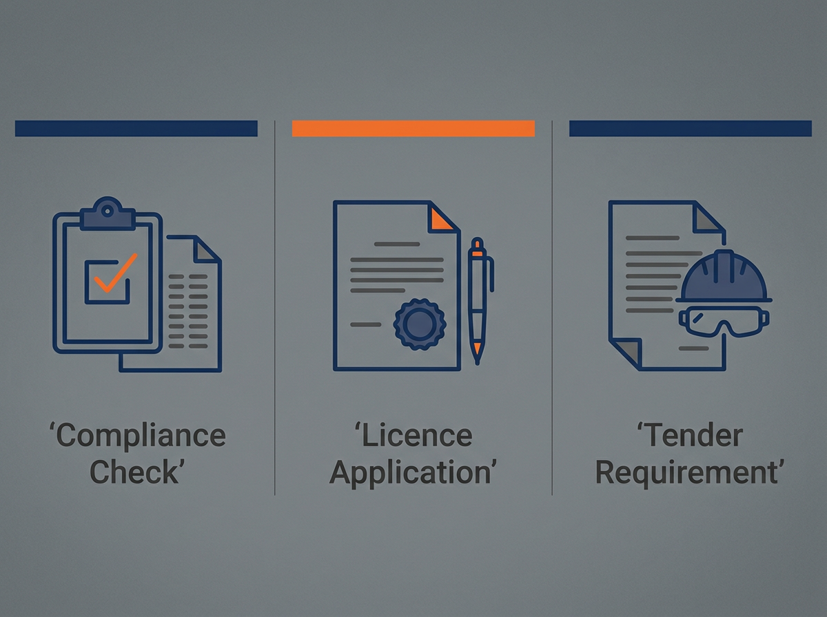 Infographic showing three triggers for a plumbing cert 4: compliance audits, licensing, and commercial tenders.