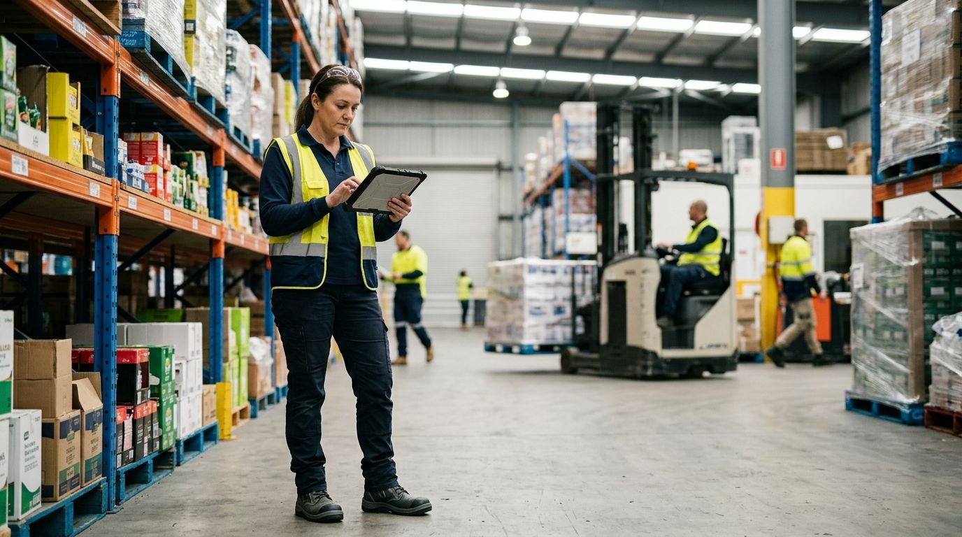 Logistics operations manager in high-vis vest reviewing data on a tablet in an Australian warehouse.
