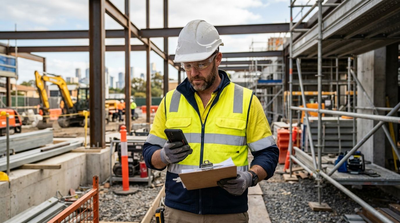 Experienced worker in high-vis vest and hard hat reviewing documentation on an active Australian construction site.