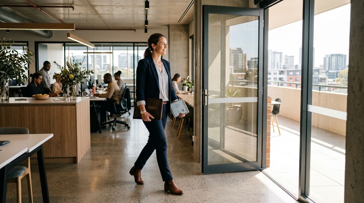 A professional woman in an office setting stepping toward an open doorway lit with warm natural light.