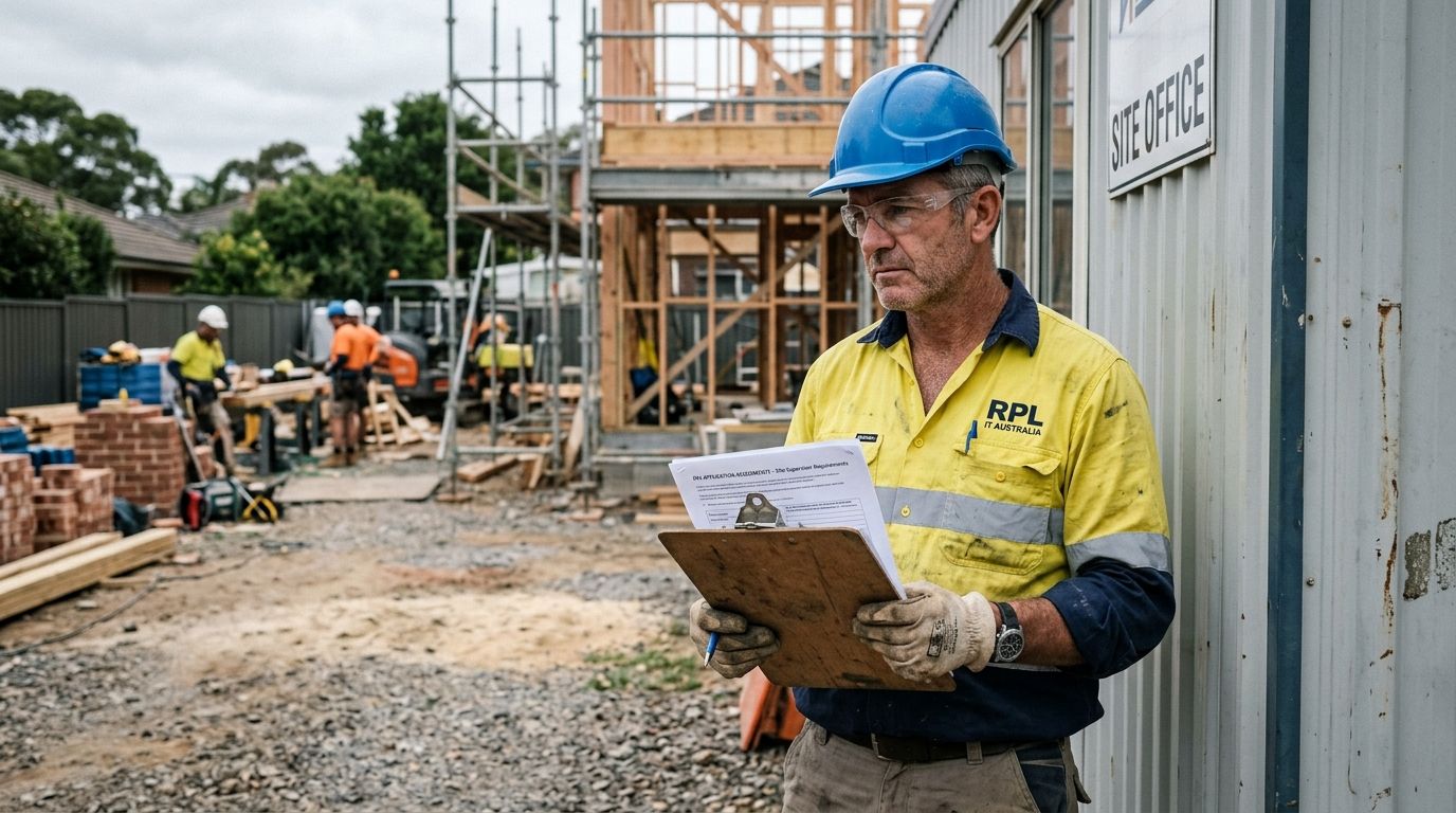 Australian construction worker on-site reviewing supervisor qualification requirements on a clipboard.