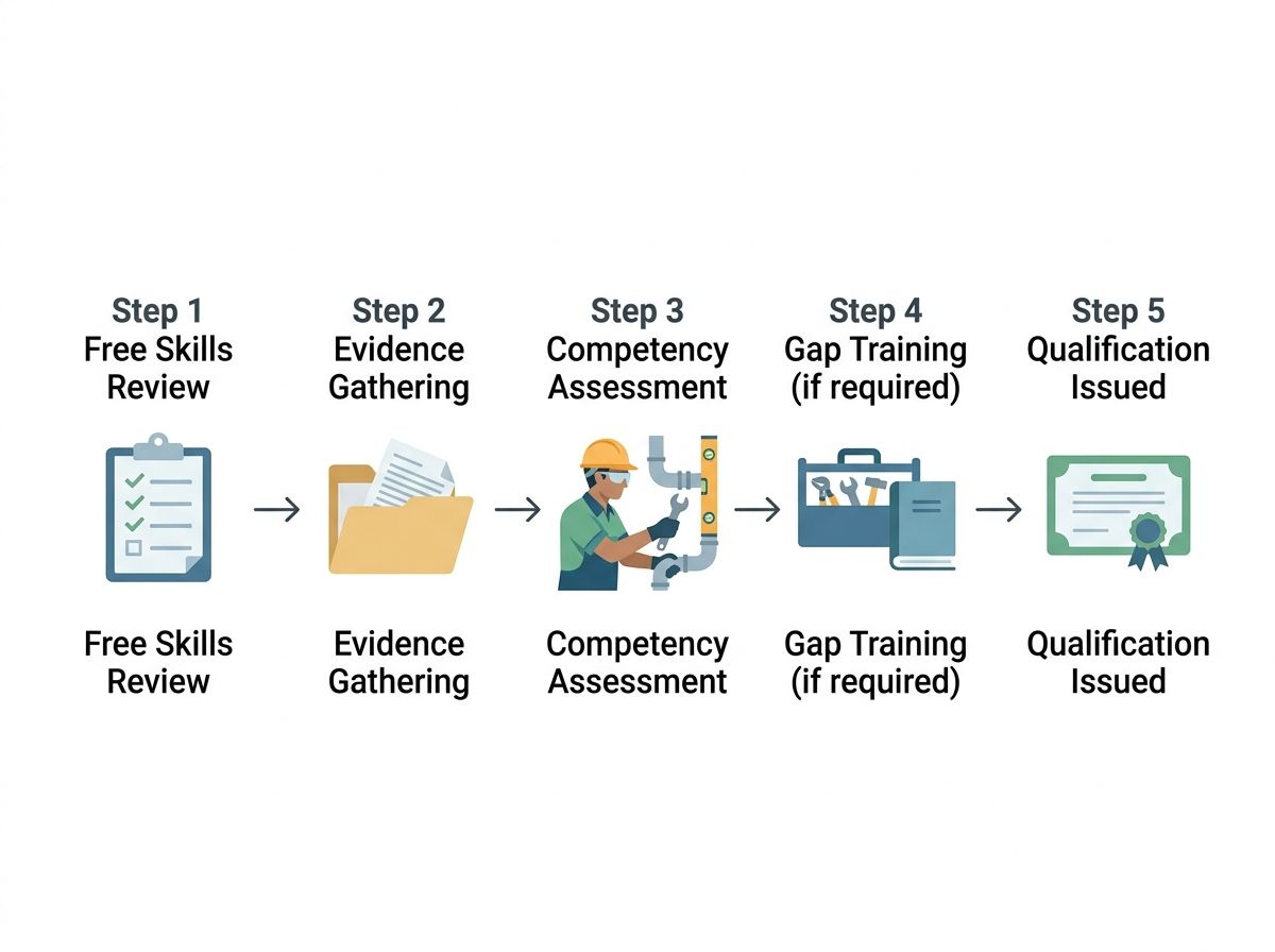 Five-step RPL process flowchart for ACT plumbing qualification including skills review and assessment