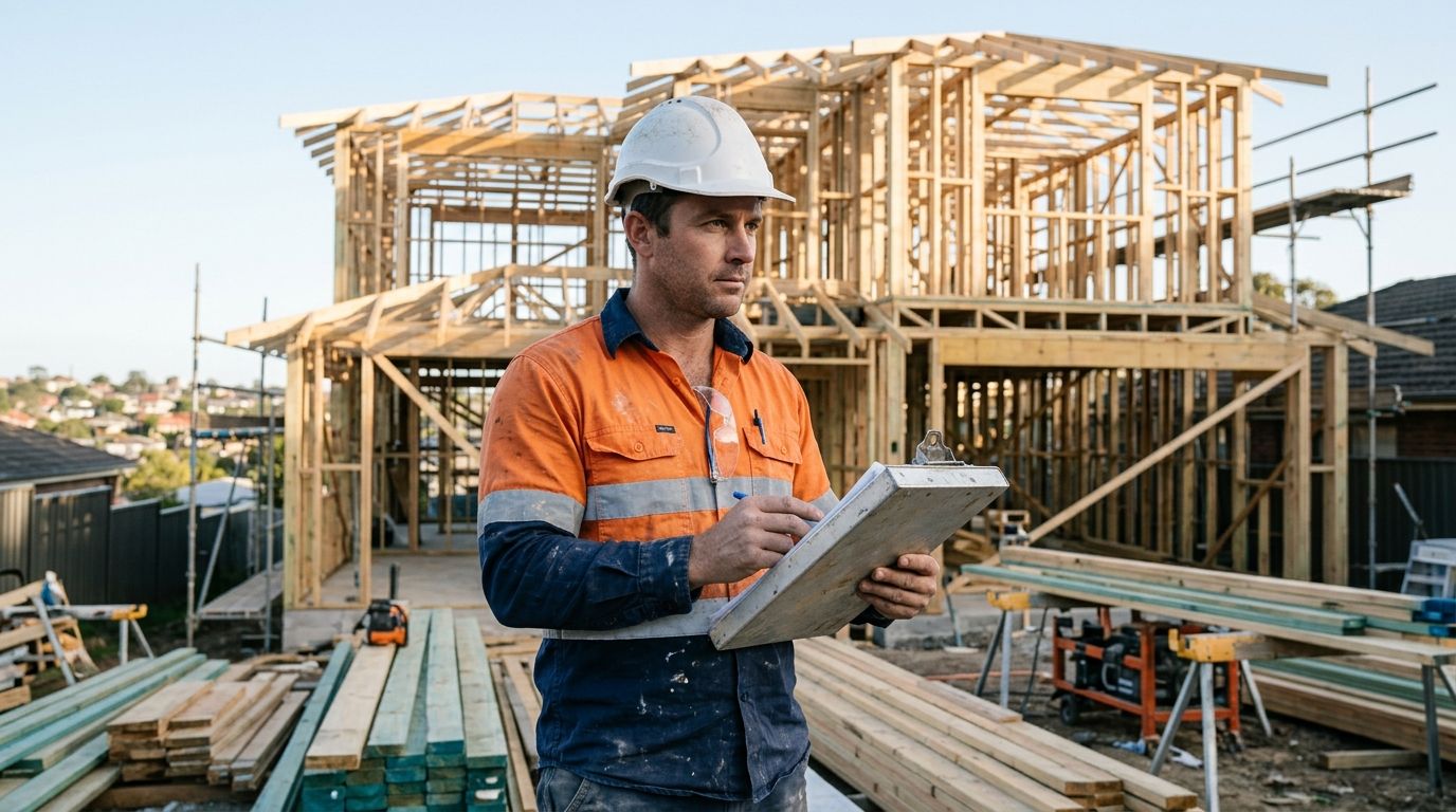 Experienced builder on a NSW site reviewing building plans, representing practical construction skill.
