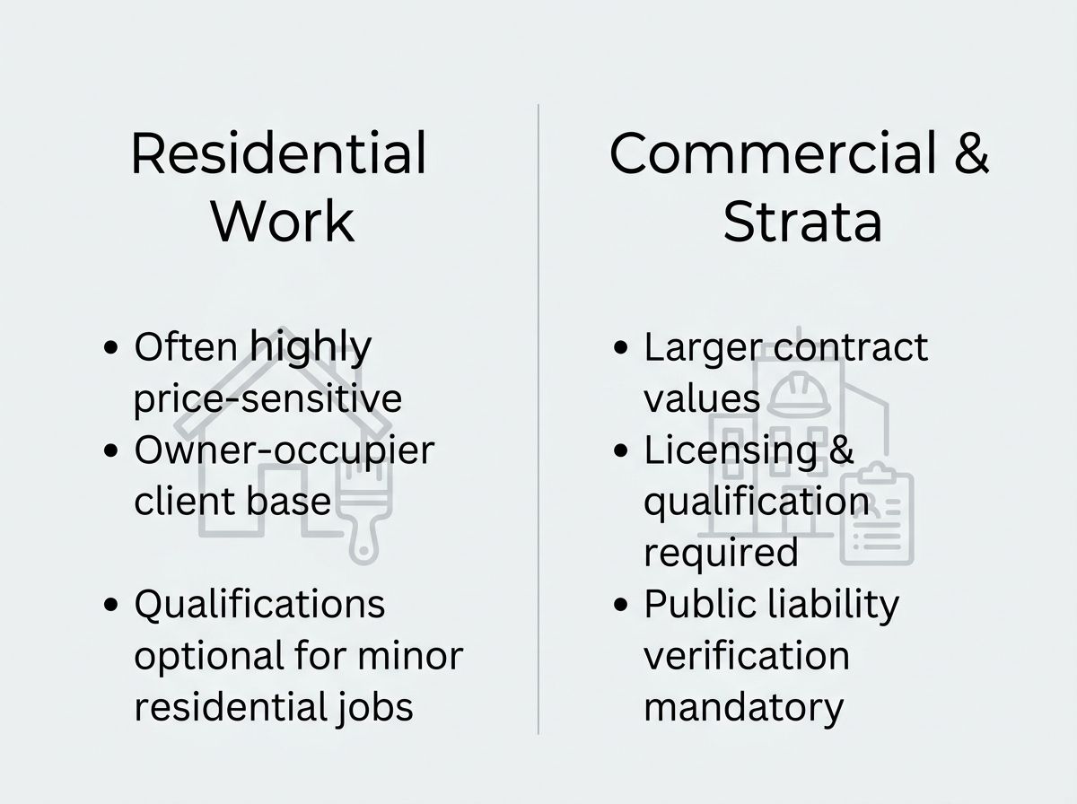 Comparison graphic showing structural requirements for residential versus commercial painting contracts.