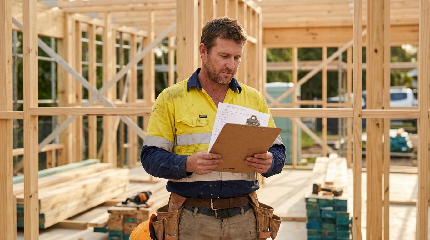 Experienced QLD carpenter reviewing a quote at a residential job site