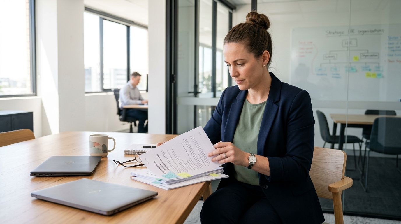 Experienced Australian HR professional reviewing workplace compliance documents at her office desk.