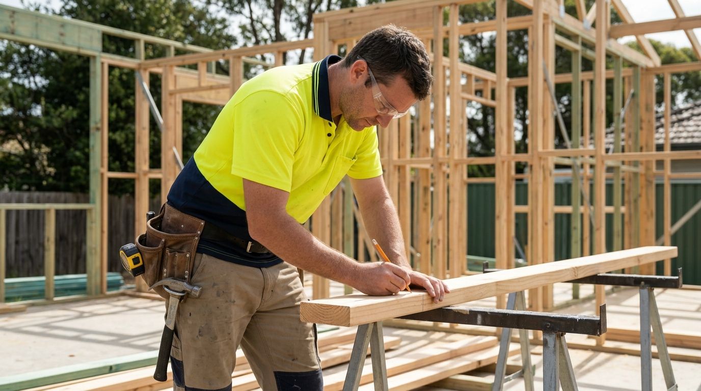 Experienced Australian carpenter in high-vis marking timber framing on a residential construction site.