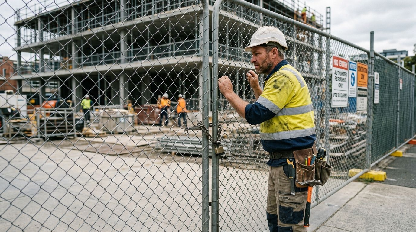 Experienced carpenter in hi-vis and hard hat standing outside a commercial construction site fence