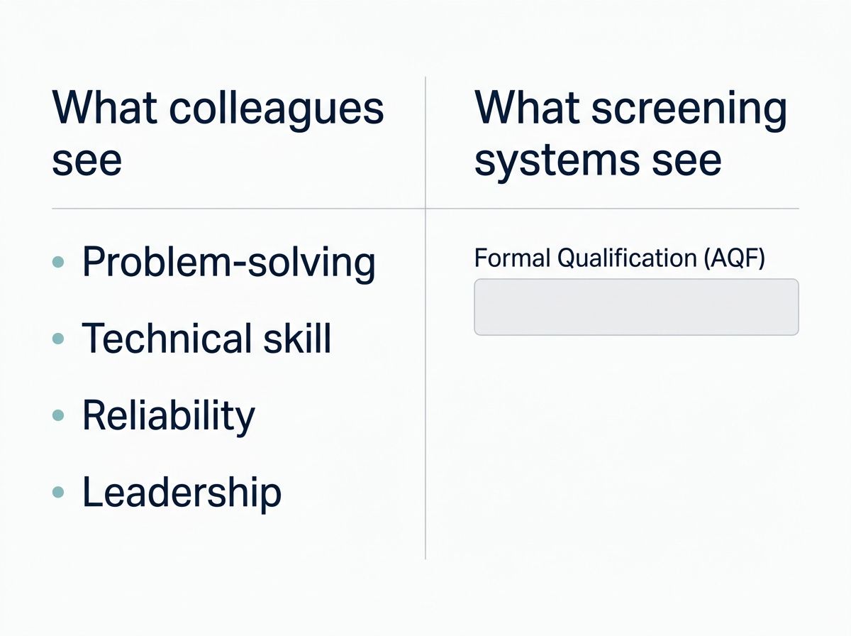 Infographic showing the contrast between visible workplace performance and silent credential database fields.
