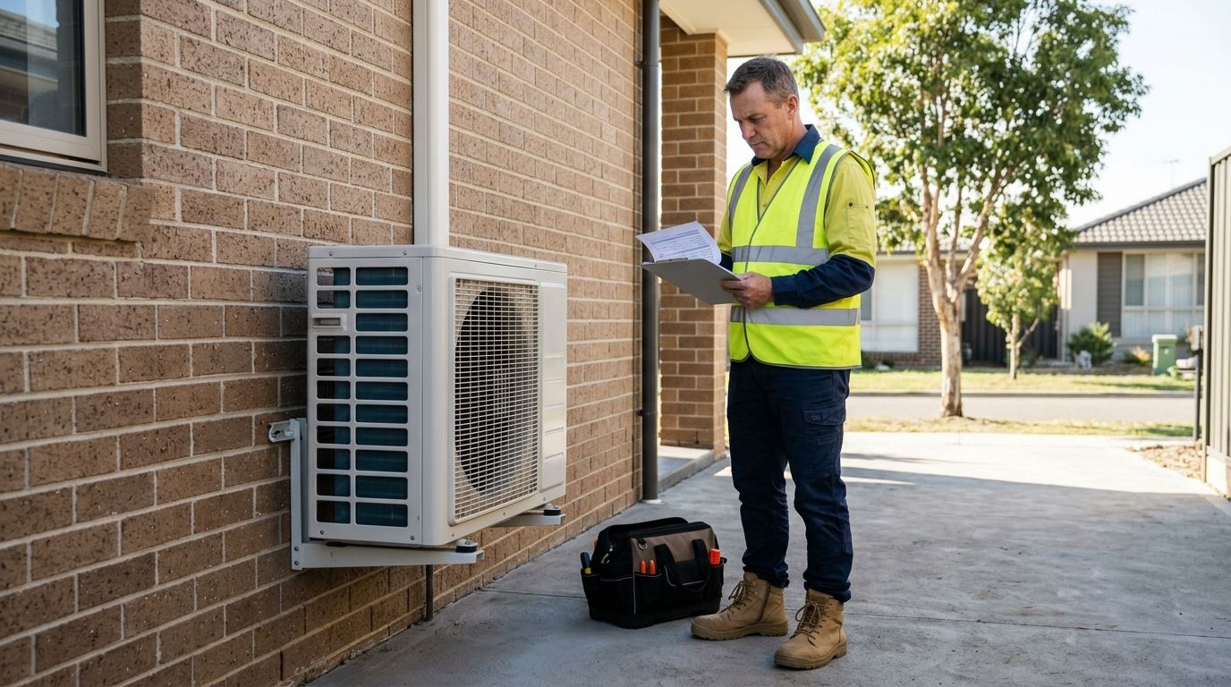 Australian tradesperson reviewing site documents beside an outdoor split system unit on a job site.