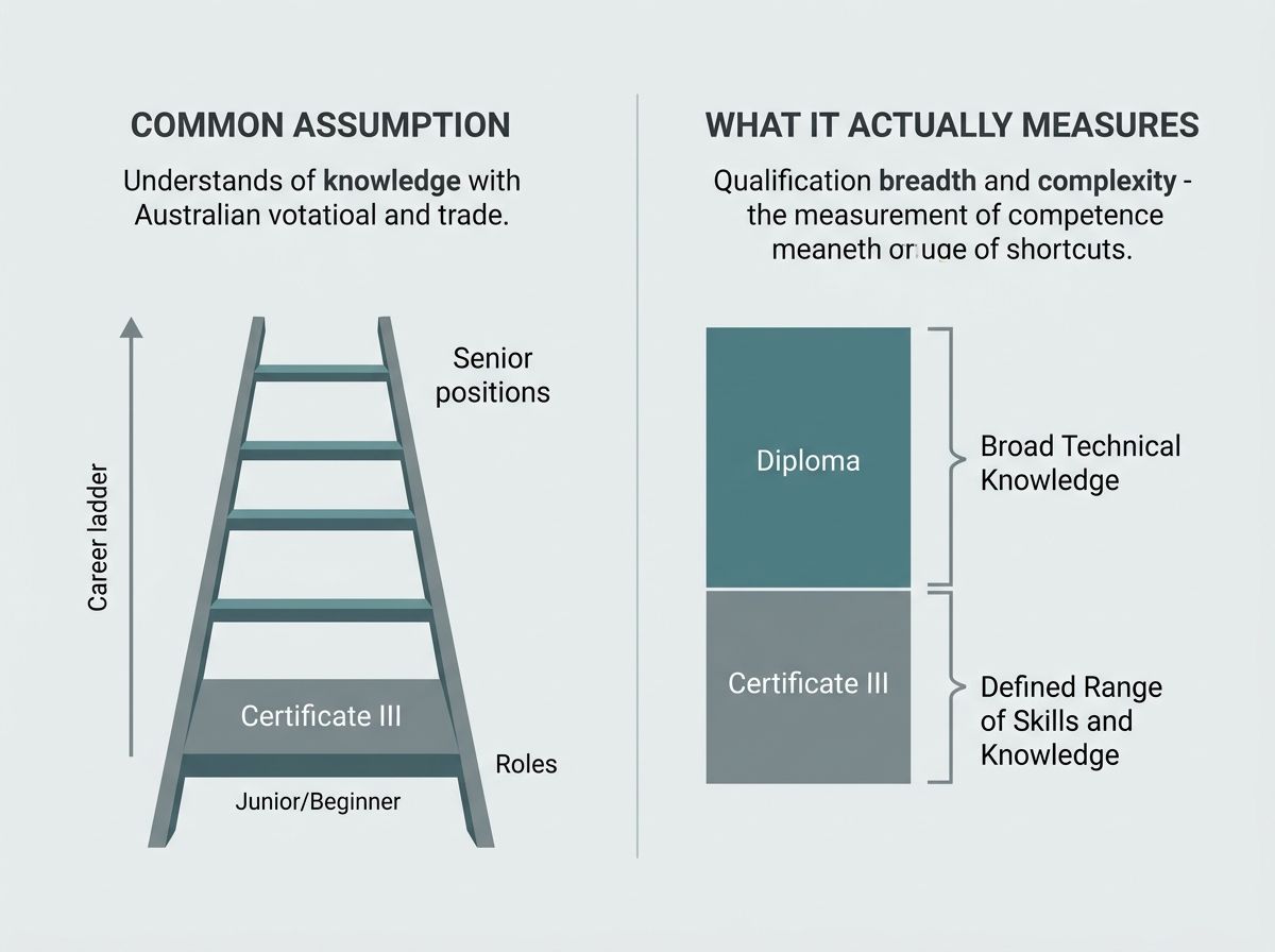 Diagram explaining Australian qualification levels as measures of skill breadth, not career seniority.