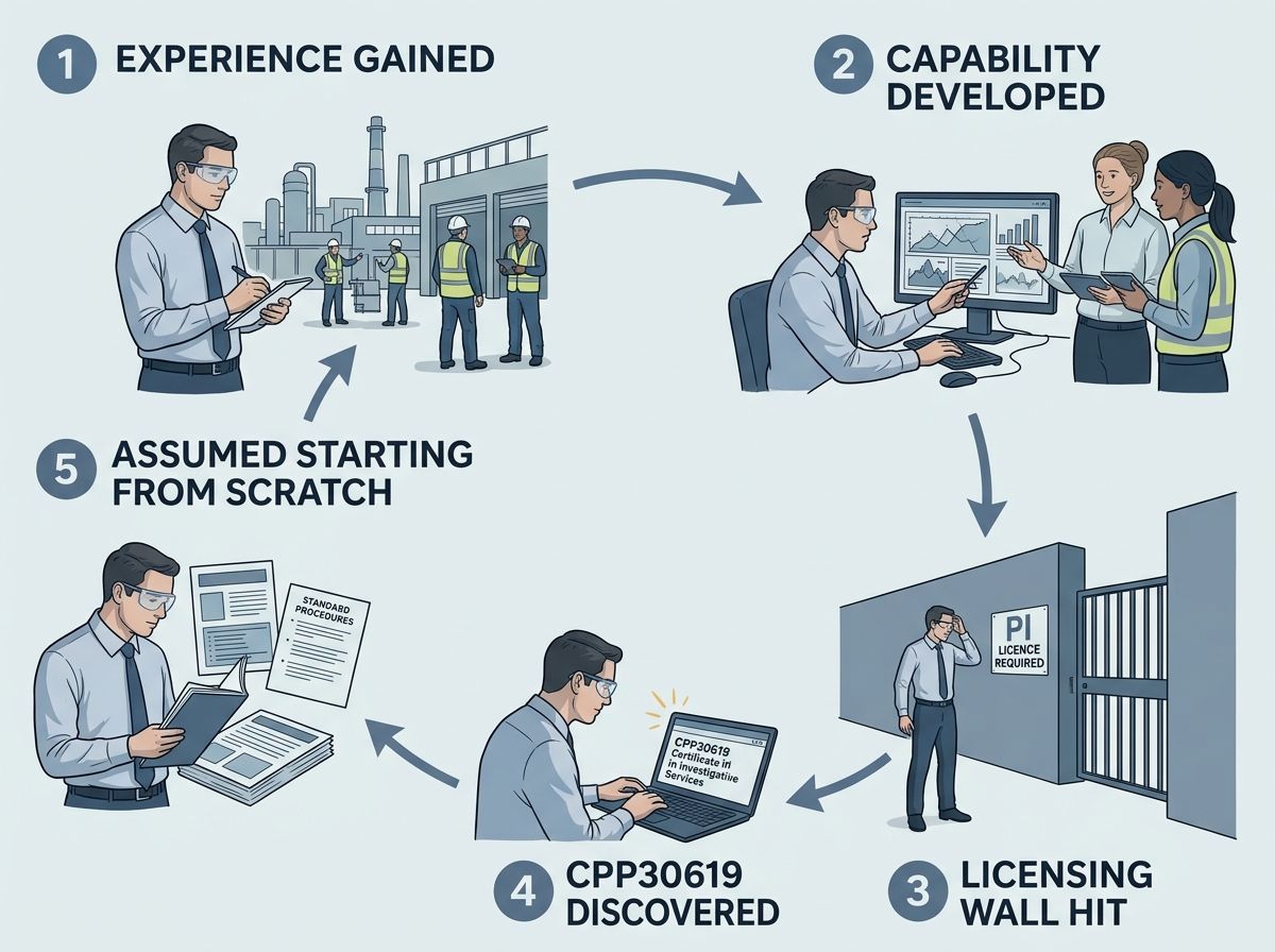 The five-stage credentialling gap cycle experienced by corporate investigators without a PI licence