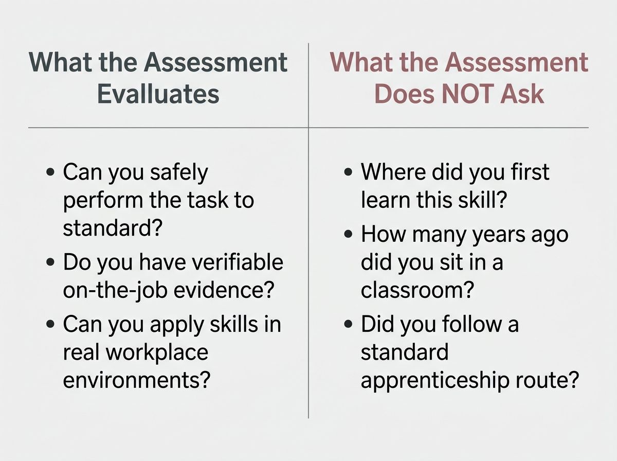 Two-column graphic showing that ACT plumbing licensing evaluates current competency, not training history.