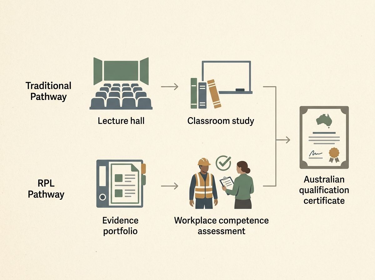 Diagram comparing traditional study pathway and RPL assessment pathway to the same Australian qualification