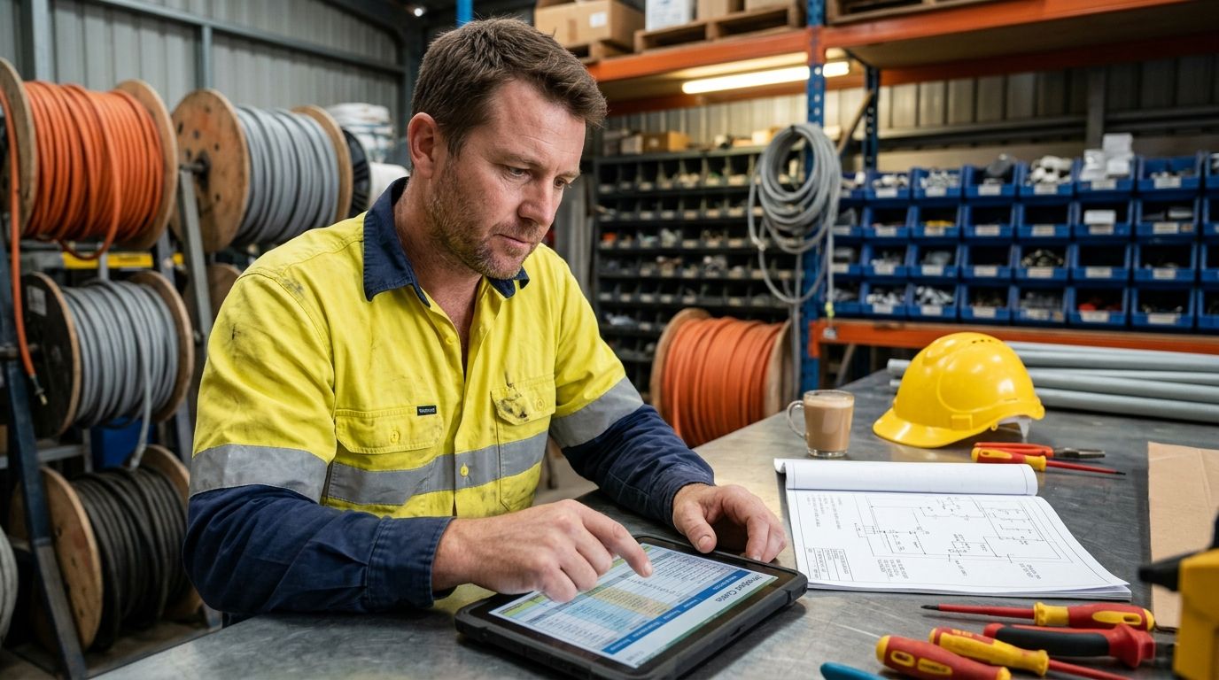 An Australian electrical contractor in hi-vis workwear reviewing business costs on a tablet in a workshop office.