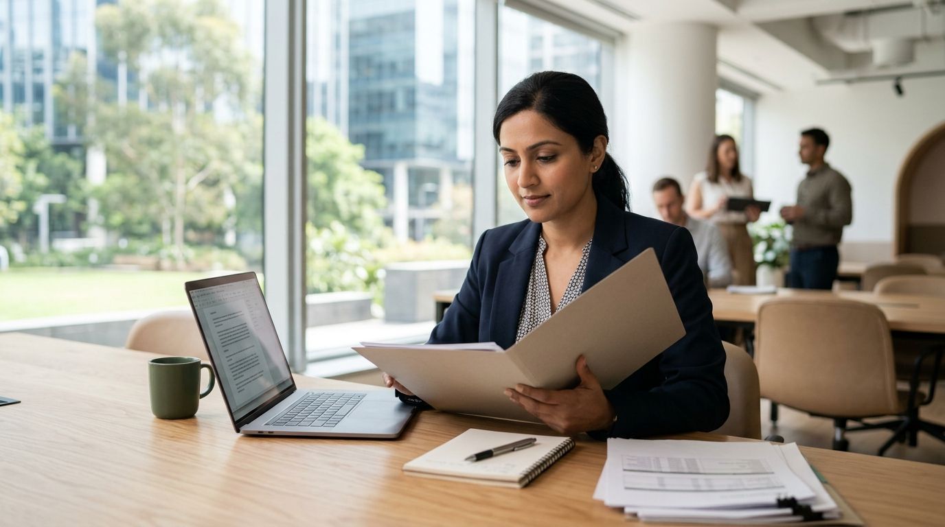 Skilled migrant professional reviewing documents for a university RPL assessment in Australia.