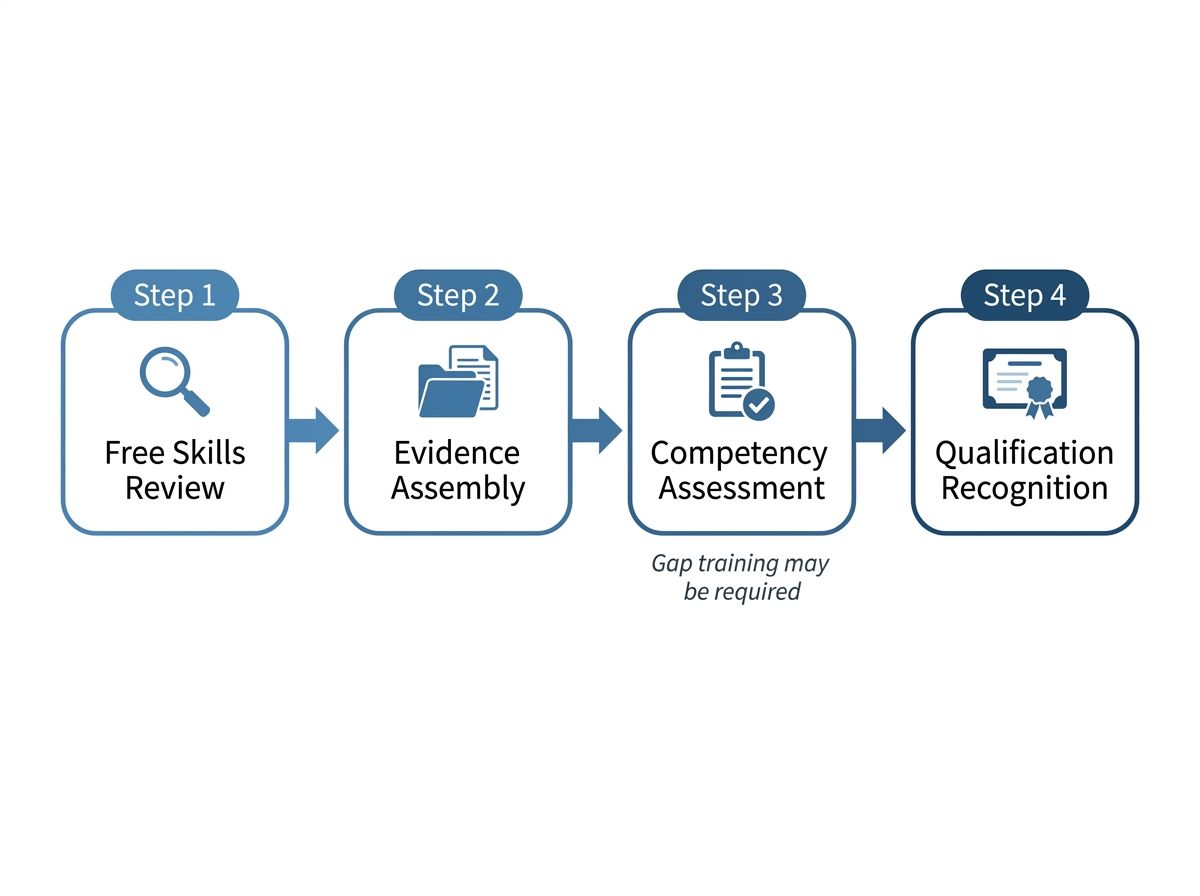 Four-step RPL process diagram for cert IV plumbing: skills review, evidence assembly, competency assessment, qualification r…