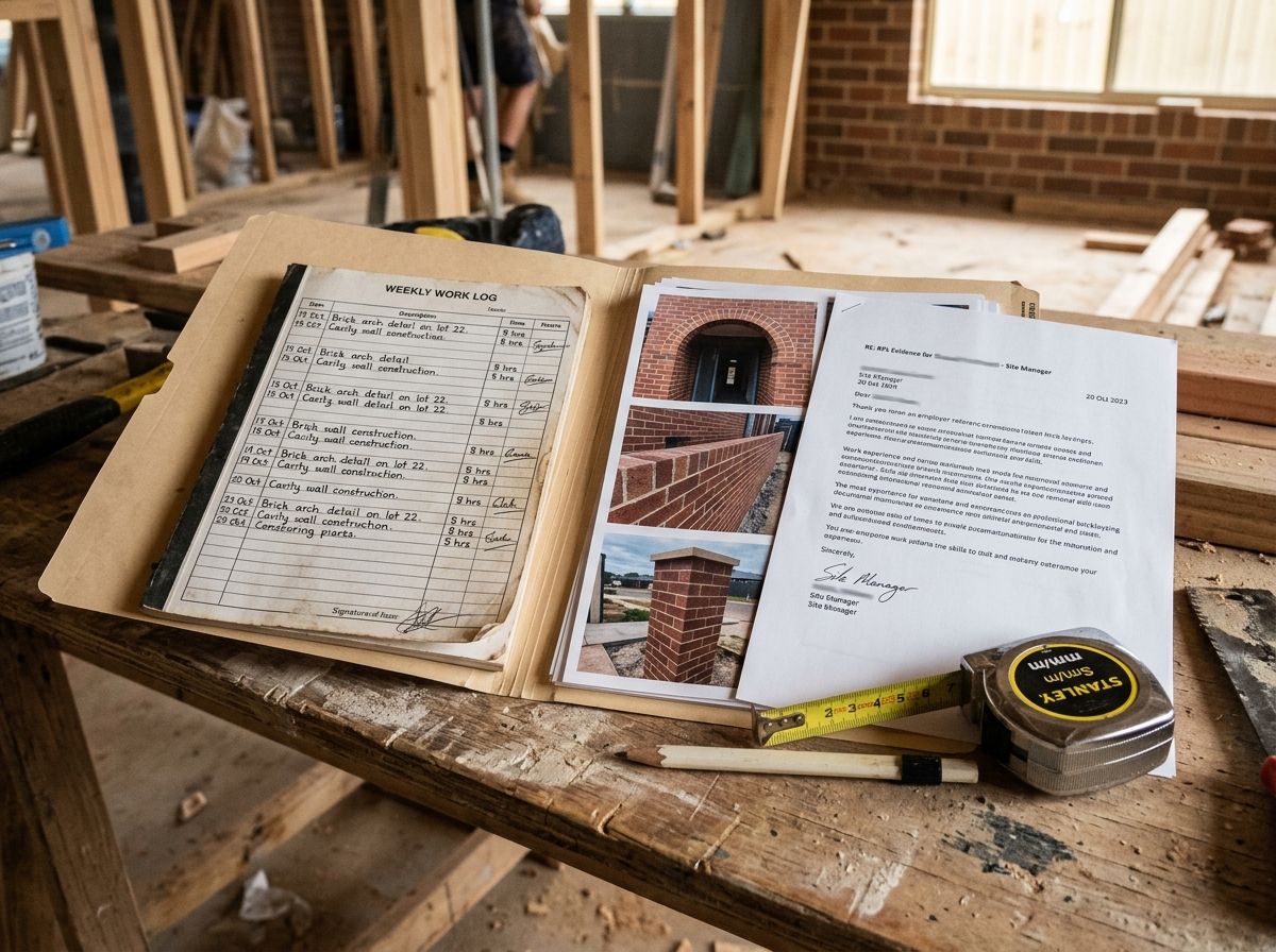 A structured RPL bricklaying evidence portfolio with logbooks, site photos, and references on a workshop bench.