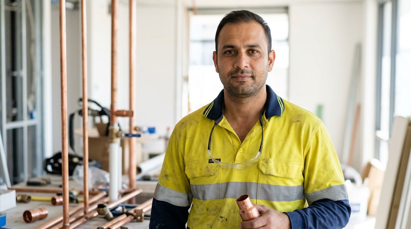 Experienced ACT plumber holding a copper fitting on a Canberra commercial construction site.